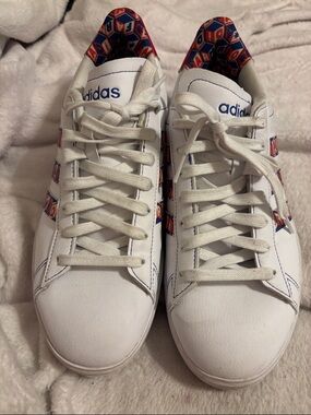 adidas X Farm Rio White Sneakers with Blue Logos and Red Geometric Lining